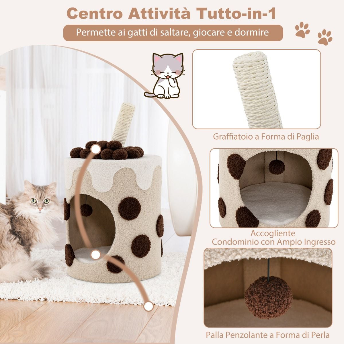 Albero per Gatti a Forma Di Bubble Tea, Mobile per Gatti Con Tiragraffi in Sisal Palline Appese 2 Colori