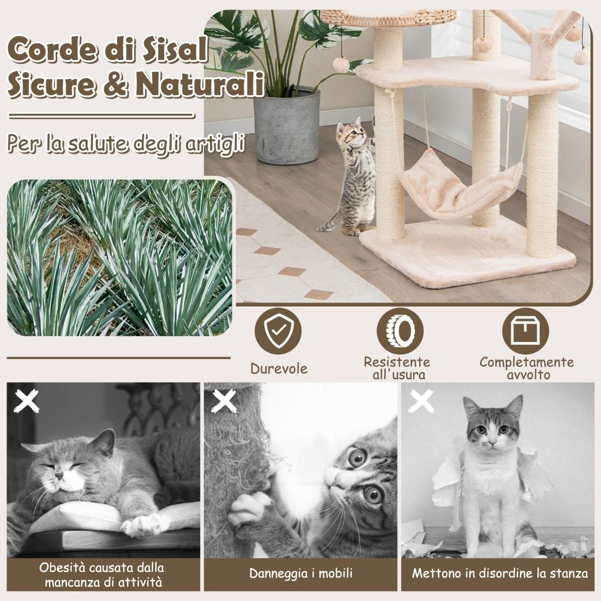 Torre per Gatti Alta 121Cm Con Casetta in Pelo Grande Letto Amaca, Centro Di Attività per Gattini Naturale