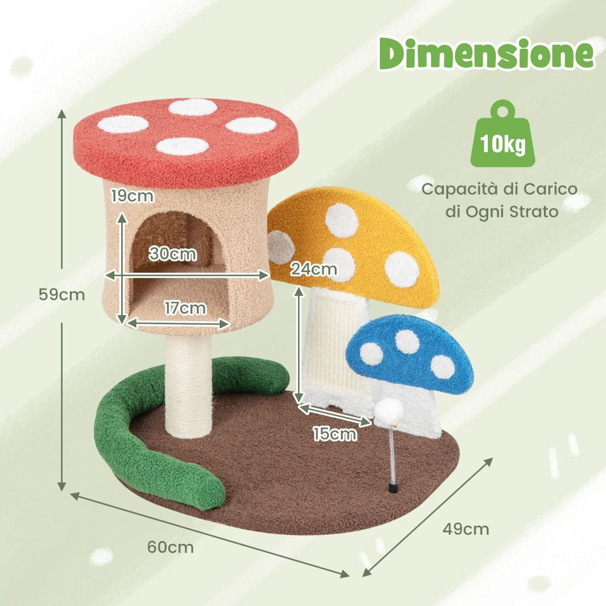 Albero per Gatti 4-In-1 Con Condo E Piattaforma Palo Avvolto in Sisal, Torre per Gattini a Forma Di Fungo Colorato