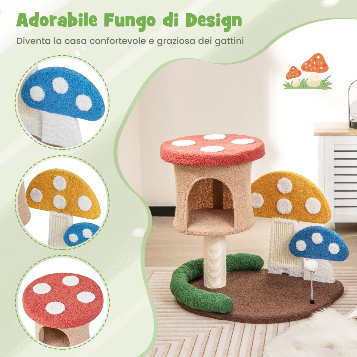 Albero per Gatti 4-In-1 Con Condo E Piattaforma Palo Avvolto in Sisal, Torre per Gattini a Forma Di Fungo Colorato