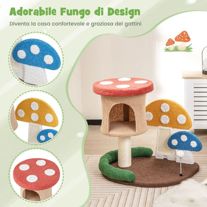 Albero per Gatti 4-In-1 Con Condo E Piattaforma Palo Avvolto in Sisal, Torre per Gattini a Forma Di Fungo Colorato