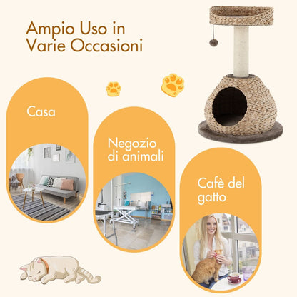 Albero per Gatti Da Interno Con Palo Tiragraffi in Sisal Naturale, Centro Attività Torre Con Pallina Appesa Marrone