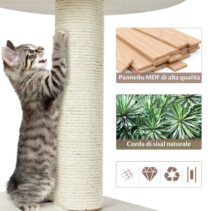 Albero Tiragraffi per Gatti, Torre Di Legno Con Piattaforma Tiragraffi E Cuscini Lavabili Naturale
