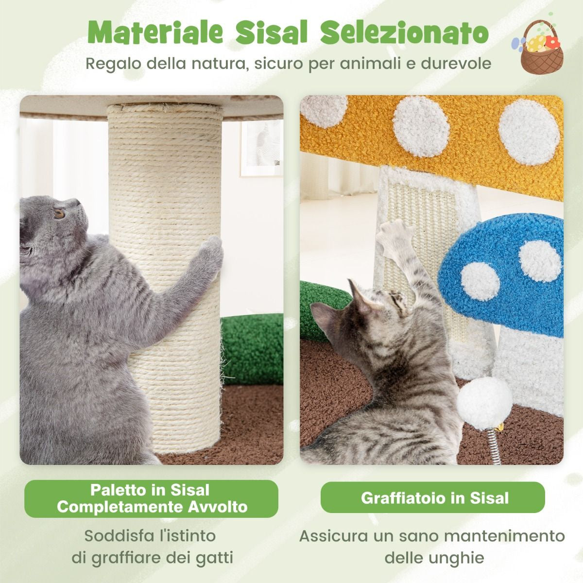 Albero per Gatti 4-In-1 Con Condo E Piattaforma Palo Avvolto in Sisal, Torre per Gattini a Forma Di Fungo Colorato