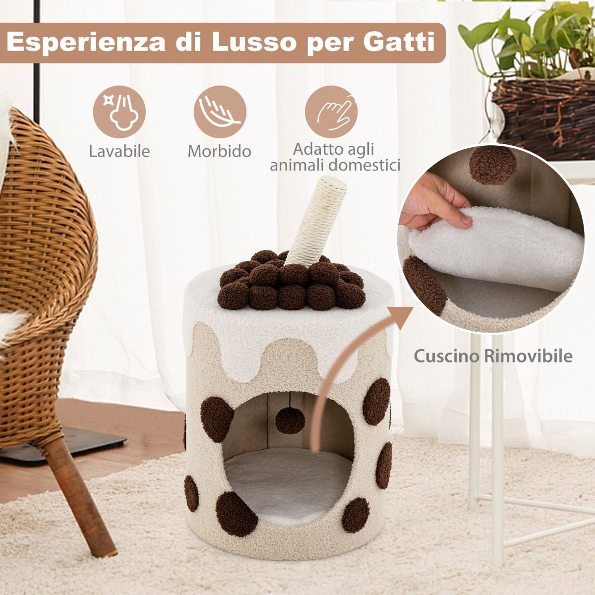 Albero per Gatti a Forma Di Bubble Tea, Mobile per Gatti Con Tiragraffi in Sisal Palline Appese 2 Colori