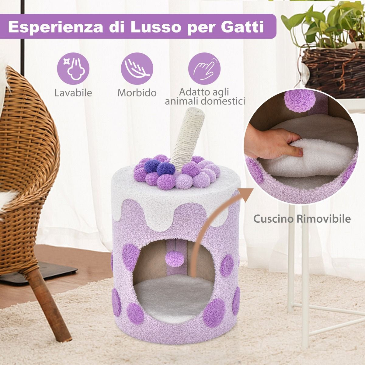 Albero per Gatti a Forma Di Bubble Tea, Mobile per Gatti Con Tiragraffi in Sisal Palline Appese 2 Colori