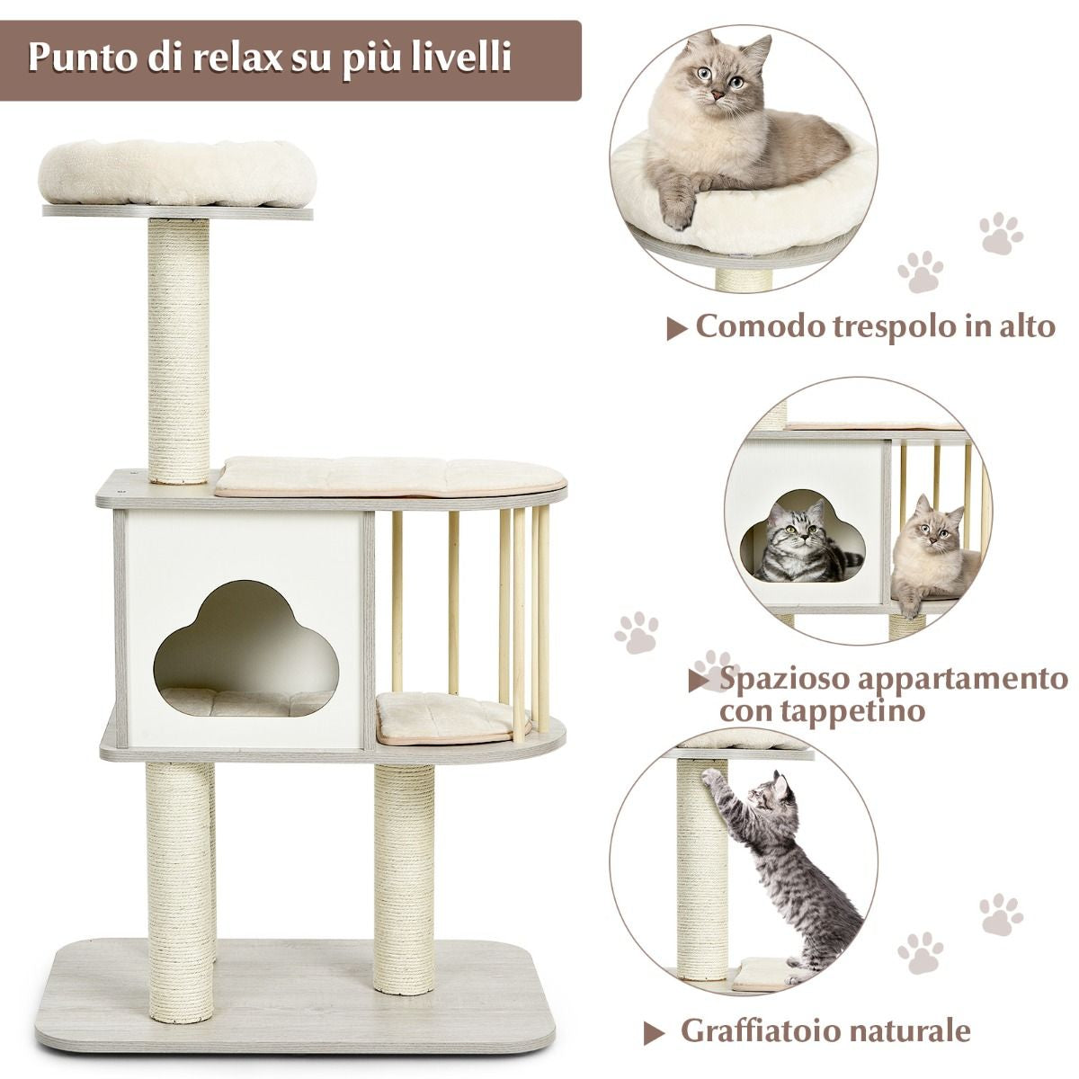 Albero Tiragraffi per Gatti, Torre Di Legno Con Piattaforma Tiragraffi E Cuscini Lavabili Naturale