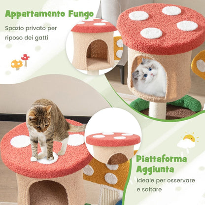 Albero per Gatti 4-In-1 Con Condo E Piattaforma Palo Avvolto in Sisal, Torre per Gattini a Forma Di Fungo Colorato
