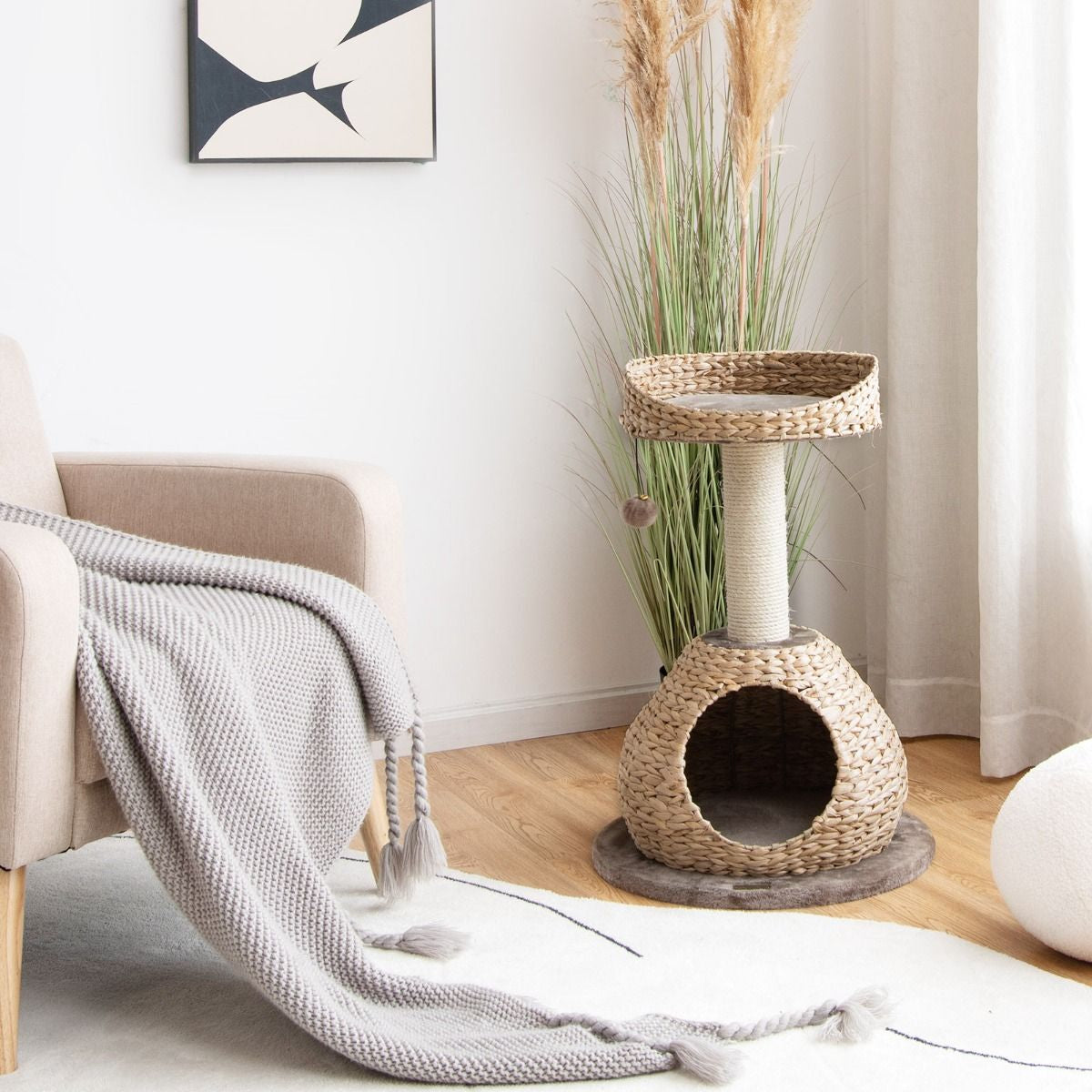 Albero per Gatti Da Interno Con Palo Tiragraffi in Sisal Naturale, Centro Attività Torre Con Pallina Appesa Marrone