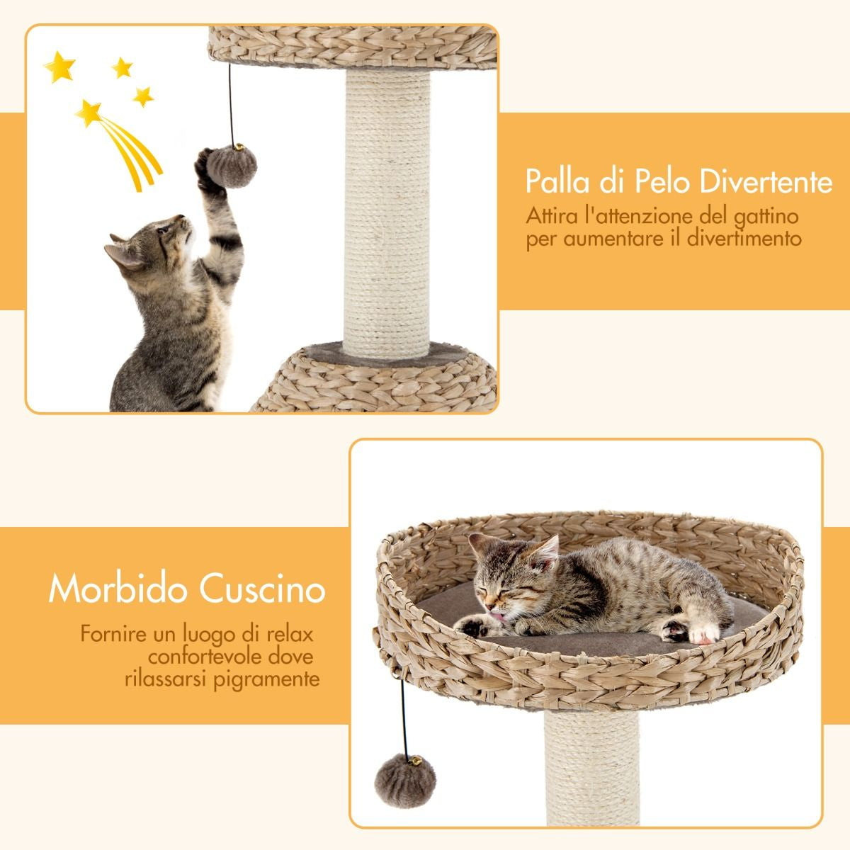 Albero per Gatti Da Interno Con Palo Tiragraffi in Sisal Naturale, Centro Attività Torre Con Pallina Appesa Marrone