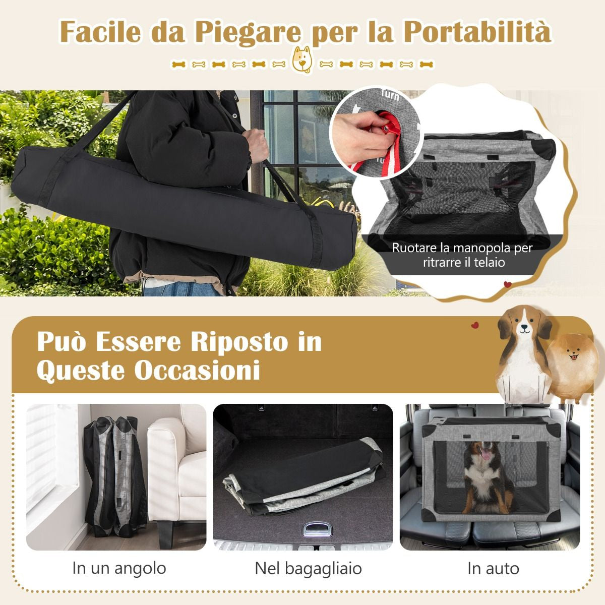 Trasportino per Cani Pieghevole Con 3 Aperture Telaio in Metallo, Kennel Portatile Morbido Da Viaggio 3 Dimensioni