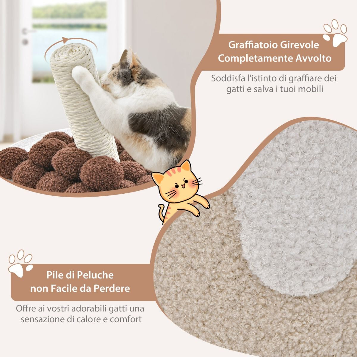 Albero per Gatti a Forma Di Bubble Tea, Mobile per Gatti Con Tiragraffi in Sisal Palline Appese 2 Colori