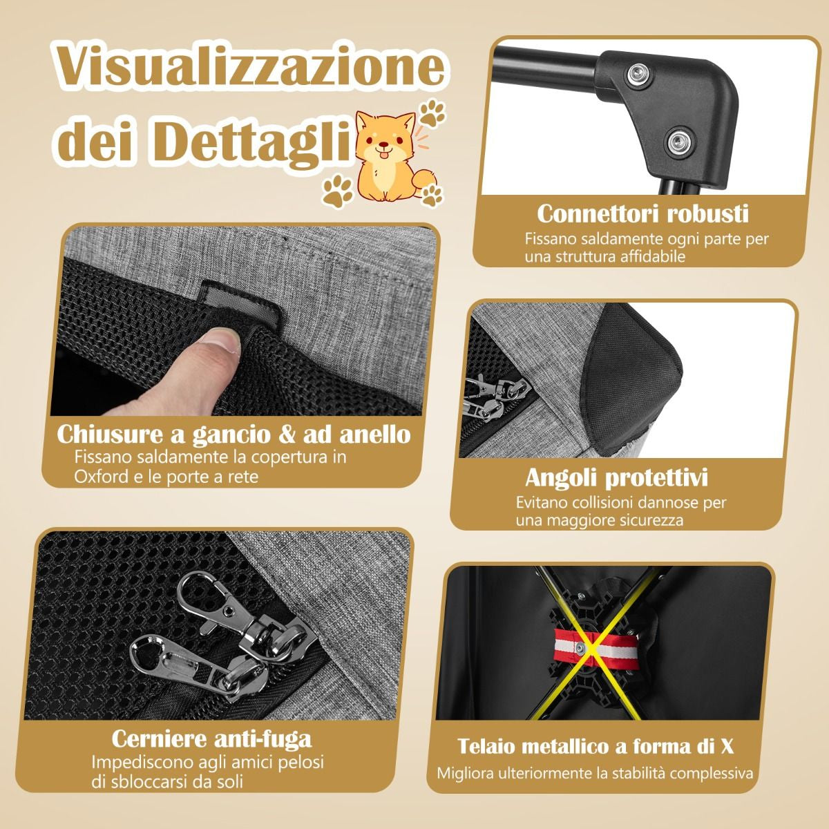 Trasportino per Cani Pieghevole Con 3 Aperture Telaio in Metallo, Kennel Portatile Morbido Da Viaggio 3 Dimensioni
