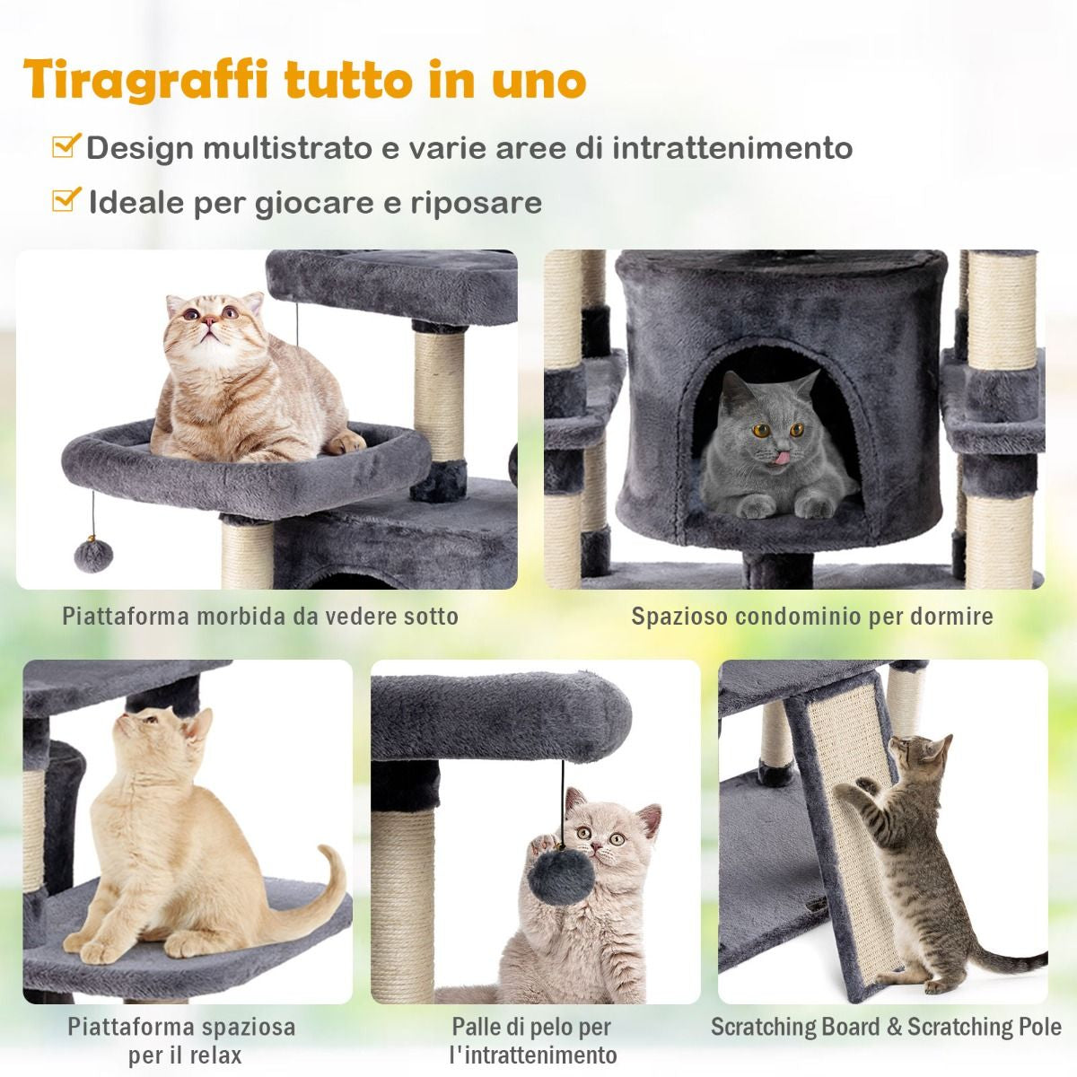 Tiragraffi Multilivello per Gatti Con 3 Trespoli in Felpato E 2 Casette, Centro Attività per Gatti Da Interno