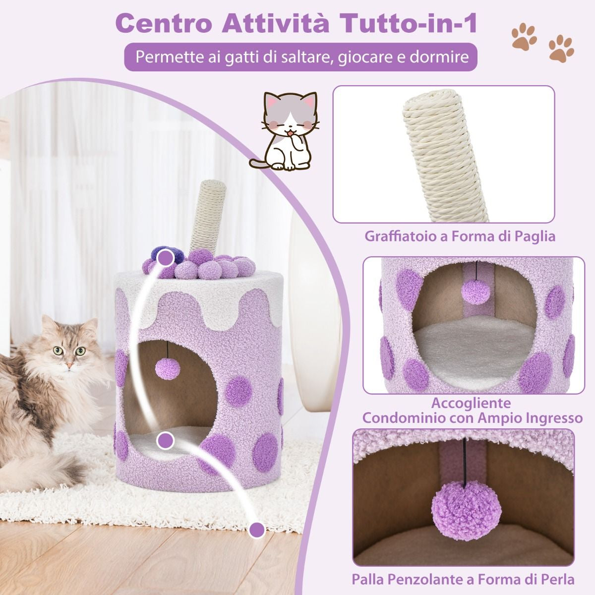 Albero per Gatti a Forma Di Bubble Tea, Mobile per Gatti Con Tiragraffi in Sisal Palline Appese 2 Colori