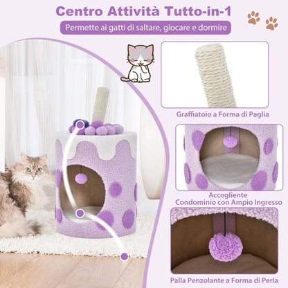 Albero per Gatti a Forma Di Bubble Tea, Mobile per Gatti Con Tiragraffi in Sisal Palline Appese 2 Colori
