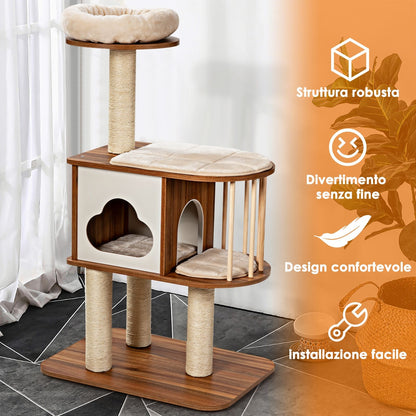 Albero Tiragraffi per Gatti, Torre Di Legno Con Piattaforma Tiragraffi E Cuscini Lavabili