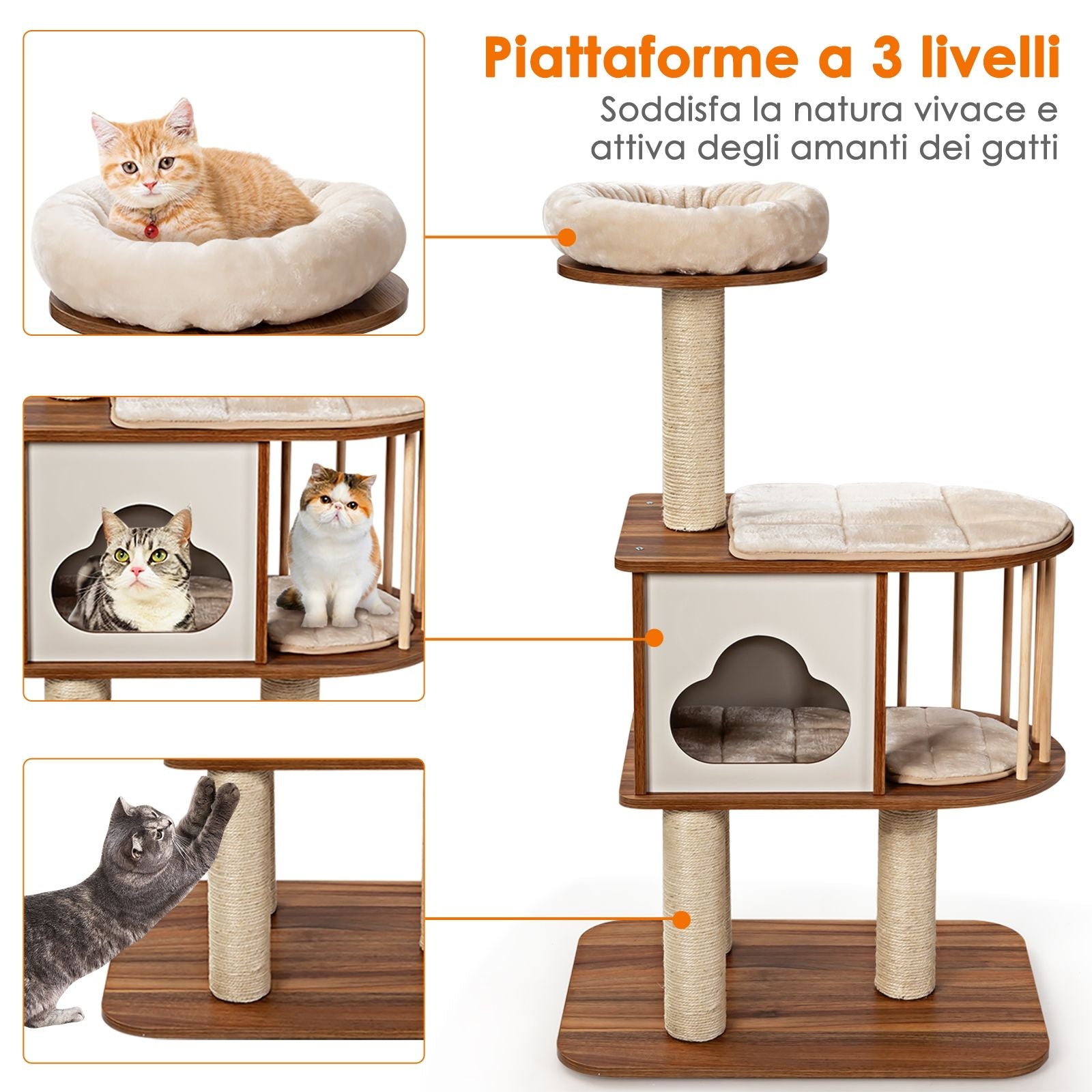 Albero Tiragraffi per Gatti, Torre Di Legno Con Piattaforma Tiragraffi E Cuscini Lavabili