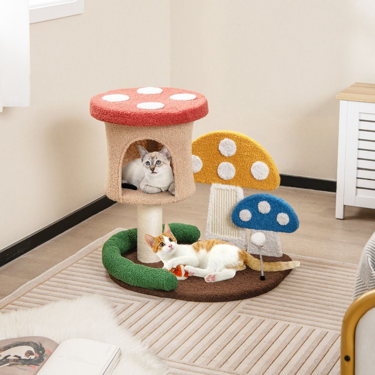 Albero per Gatti 4-In-1 Con Condo E Piattaforma Palo Avvolto in Sisal, Torre per Gattini a Forma Di Fungo Colorato