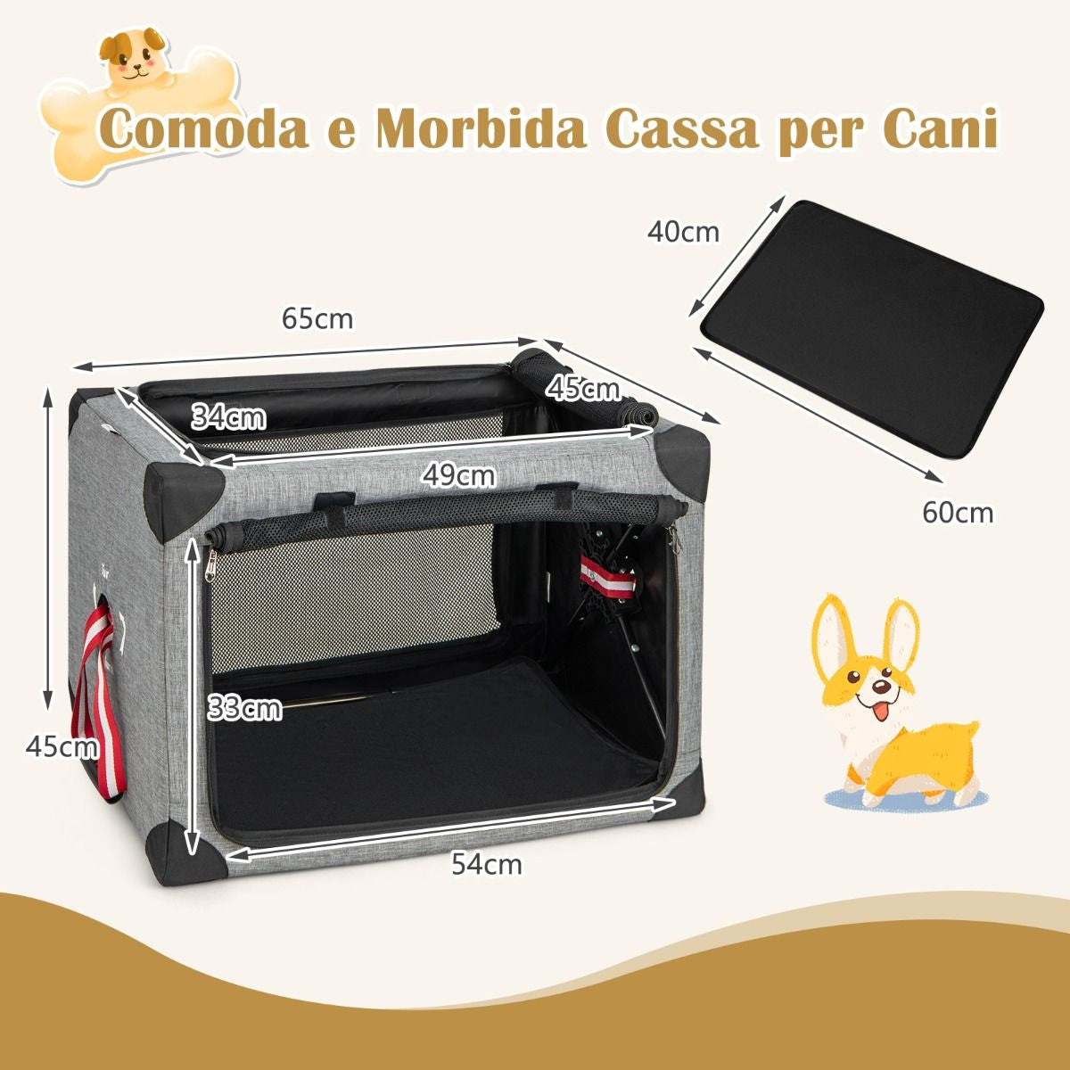 Trasportino per Cani Pieghevole Con 3 Aperture Telaio in Metallo, Kennel Portatile Morbido Da Viaggio 3 Dimensioni