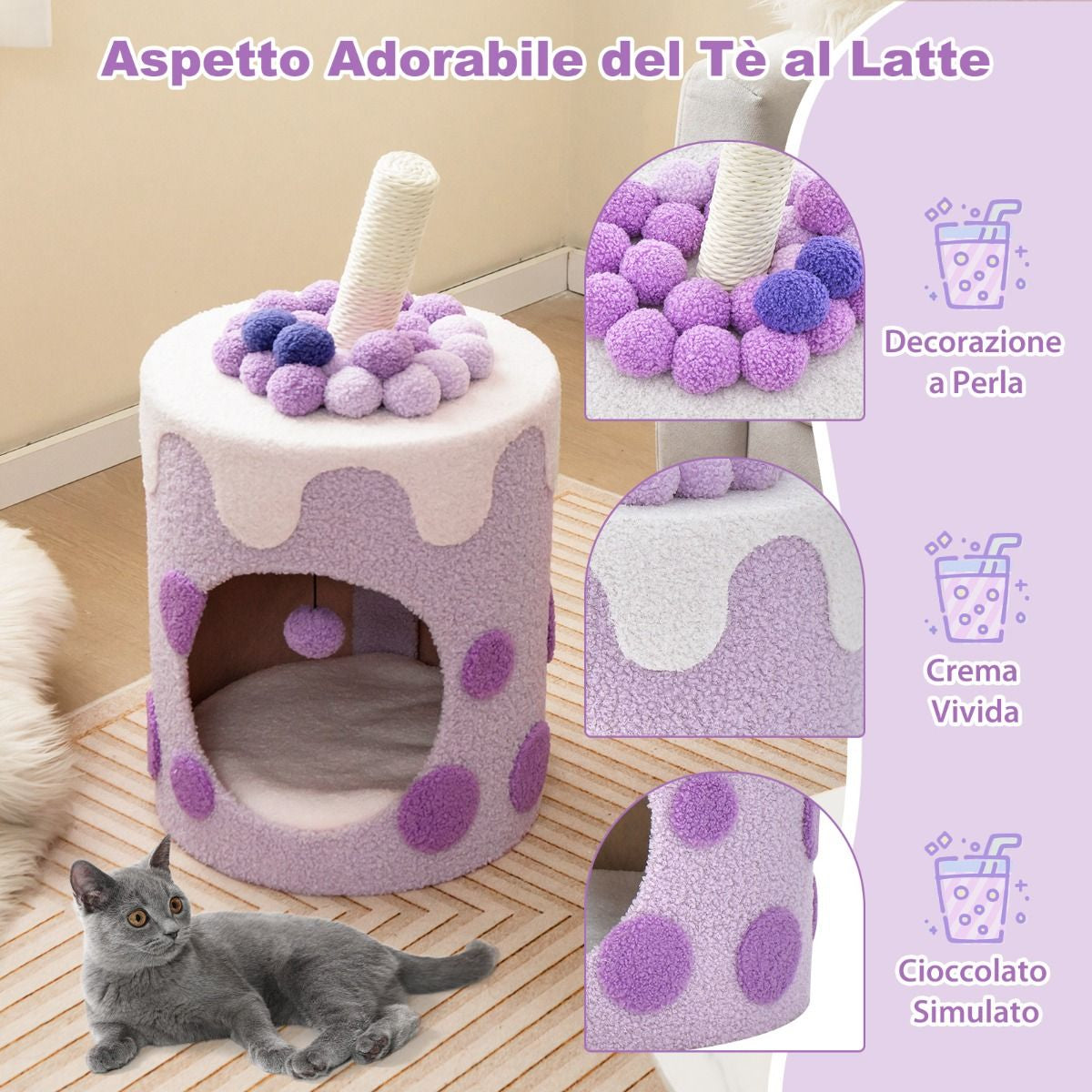 Albero per Gatti a Forma Di Bubble Tea, Mobile per Gatti Con Tiragraffi in Sisal Palline Appese 2 Colori