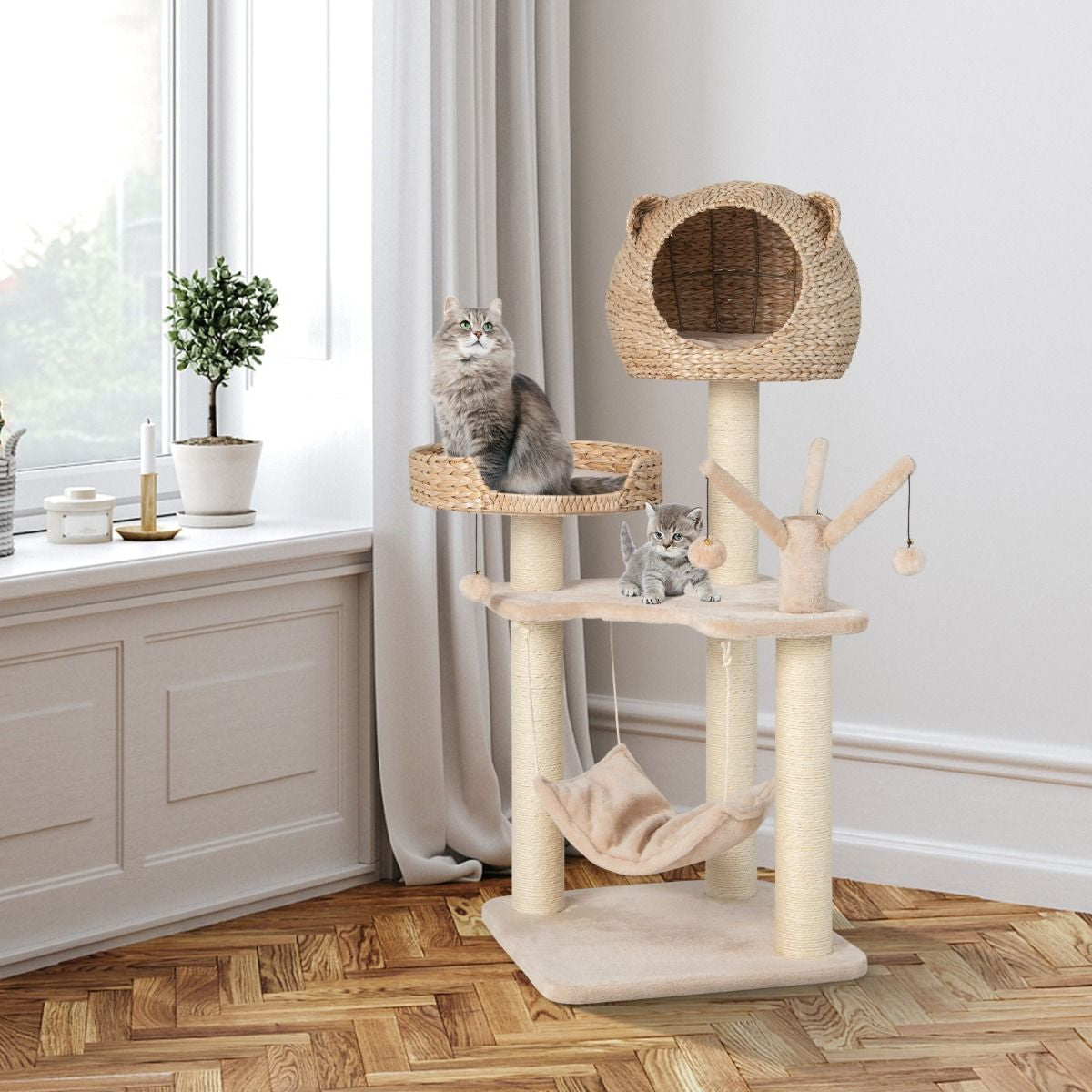 Torre per Gatti Alta 121Cm Con Casetta in Pelo Grande Letto Amaca, Centro Di Attività per Gattini Naturale