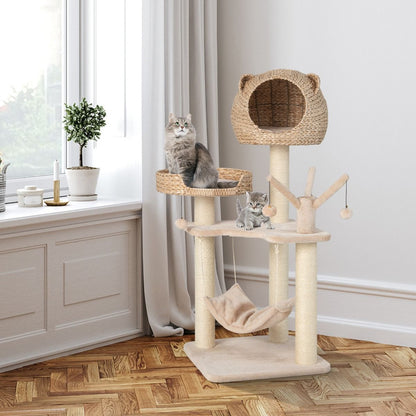 Torre per Gatti Alta 121Cm Con Casetta in Pelo Grande Letto Amaca, Centro Di Attività per Gattini Naturale