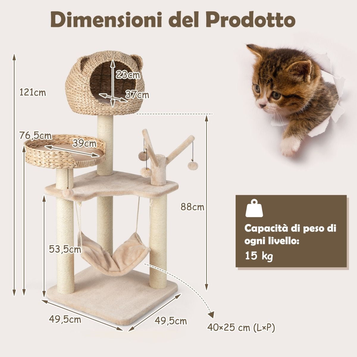 Torre per Gatti Alta 121Cm Con Casetta in Pelo Grande Letto Amaca, Centro Di Attività per Gattini Naturale