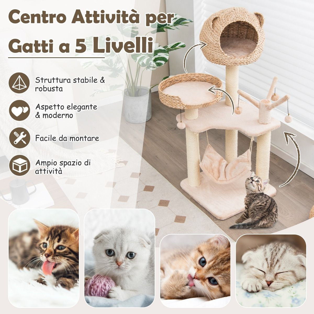 Torre per Gatti Alta 121Cm Con Casetta in Pelo Grande Letto Amaca, Centro Di Attività per Gattini Naturale