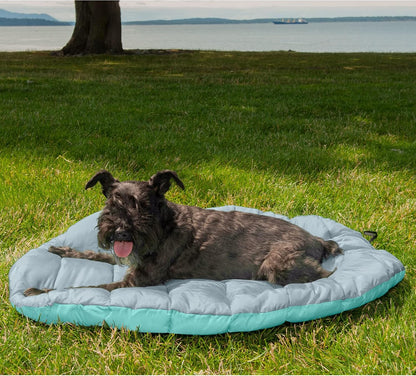 Small Dog Bed Trail Pup Travel Pillow Mat W/Stuff Sack, Washable - Aqua/Granite Gray, Small