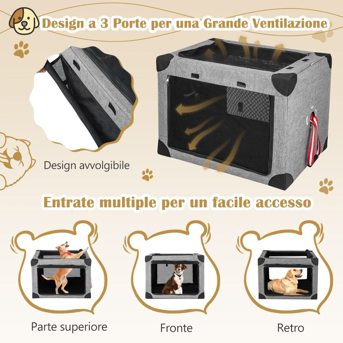 Trasportino per Cani Pieghevole Con 3 Aperture Telaio in Metallo, Kennel Portatile Morbido Da Viaggio 3 Dimensioni
