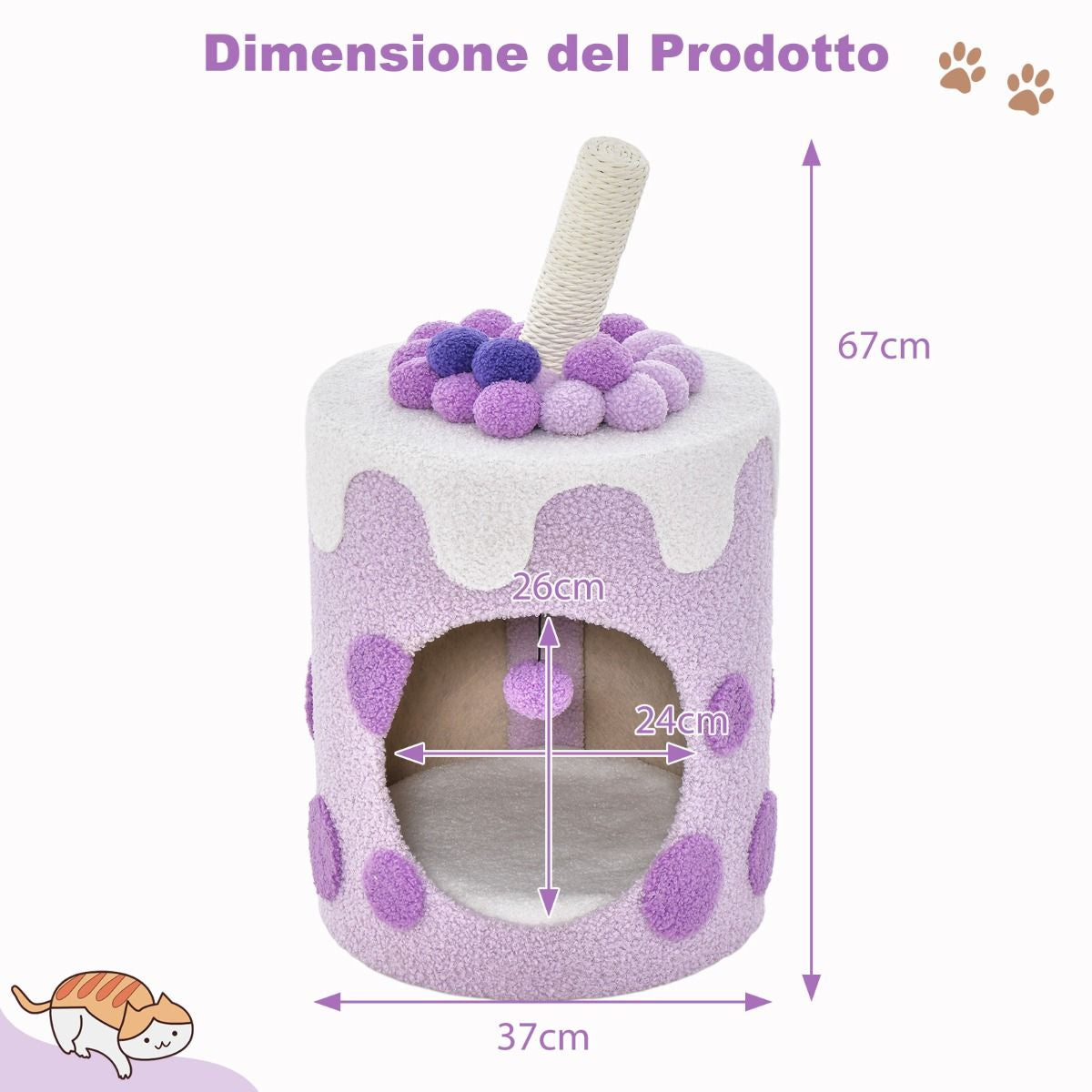 Albero per Gatti a Forma Di Bubble Tea, Mobile per Gatti Con Tiragraffi in Sisal Palline Appese 2 Colori