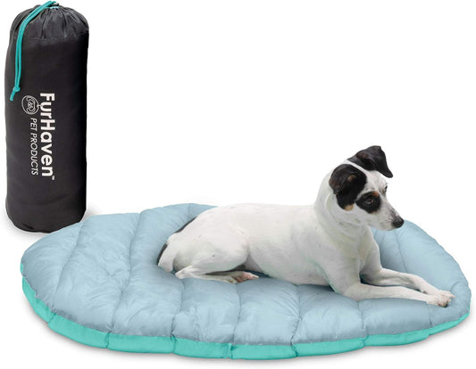 Small Dog Bed Trail Pup Travel Pillow Mat W/Stuff Sack, Washable - Aqua/Granite Gray, Small