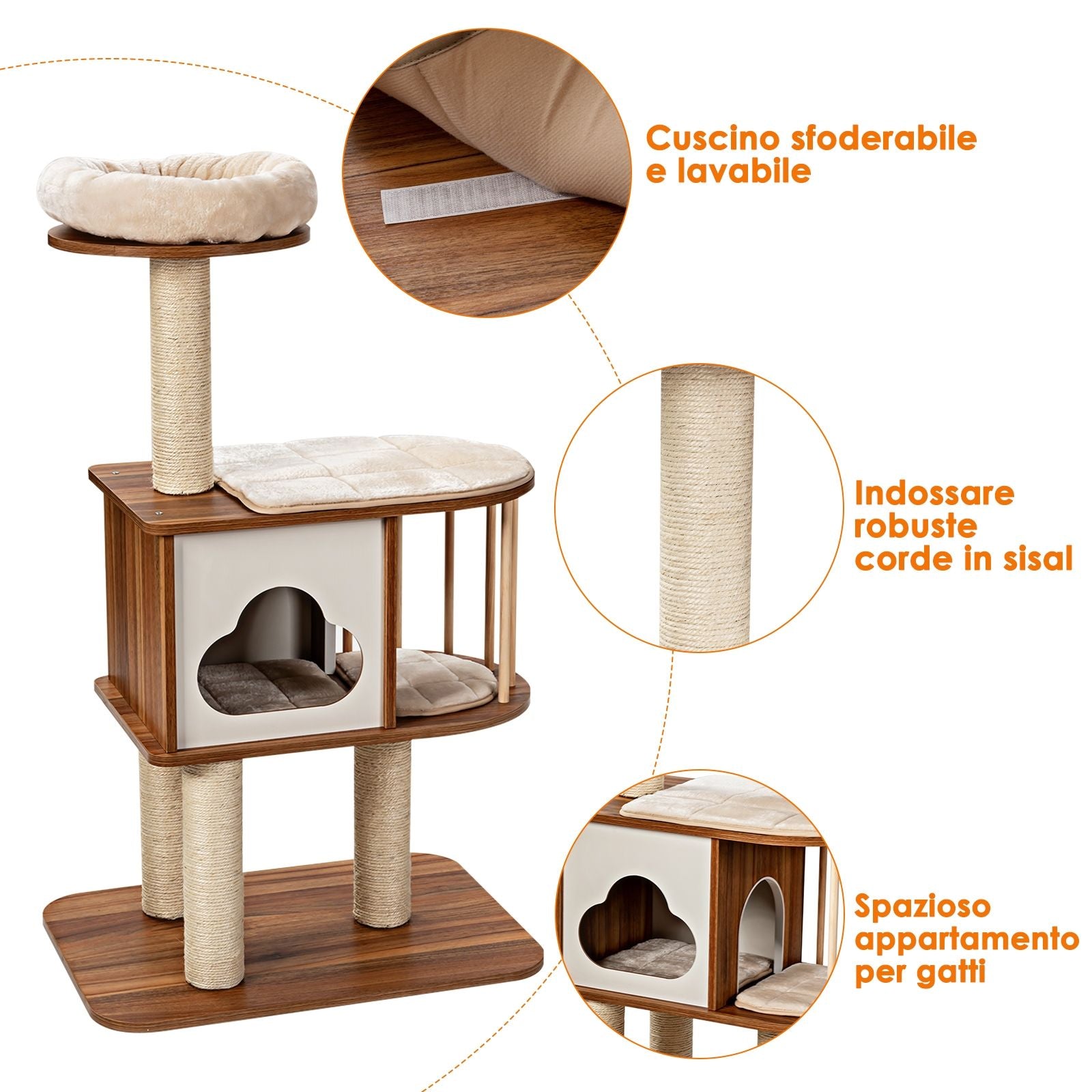 Albero Tiragraffi per Gatti, Torre Di Legno Con Piattaforma Tiragraffi E Cuscini Lavabili