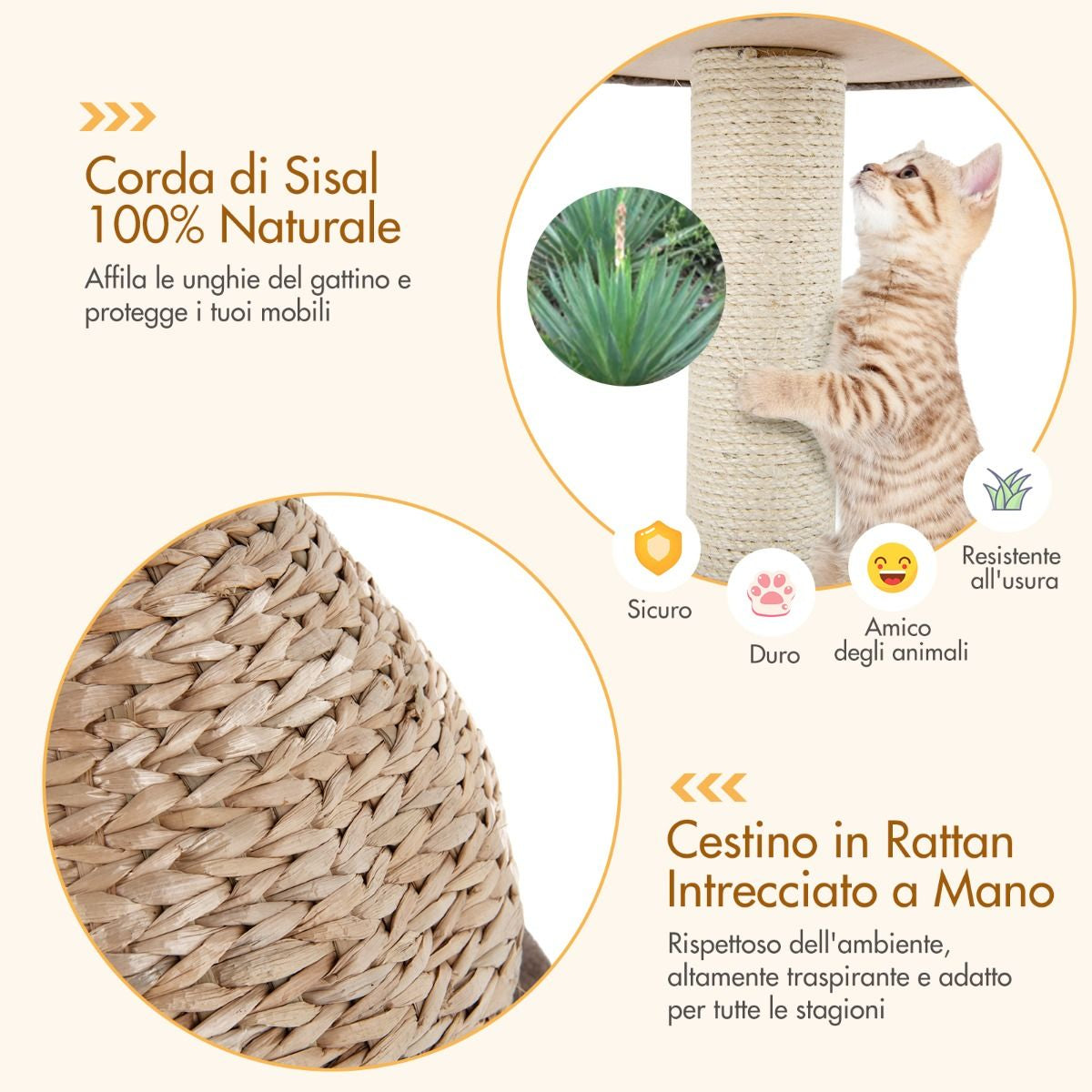 Albero per Gatti Da Interno Con Palo Tiragraffi in Sisal Naturale, Centro Attività Torre Con Pallina Appesa Marrone