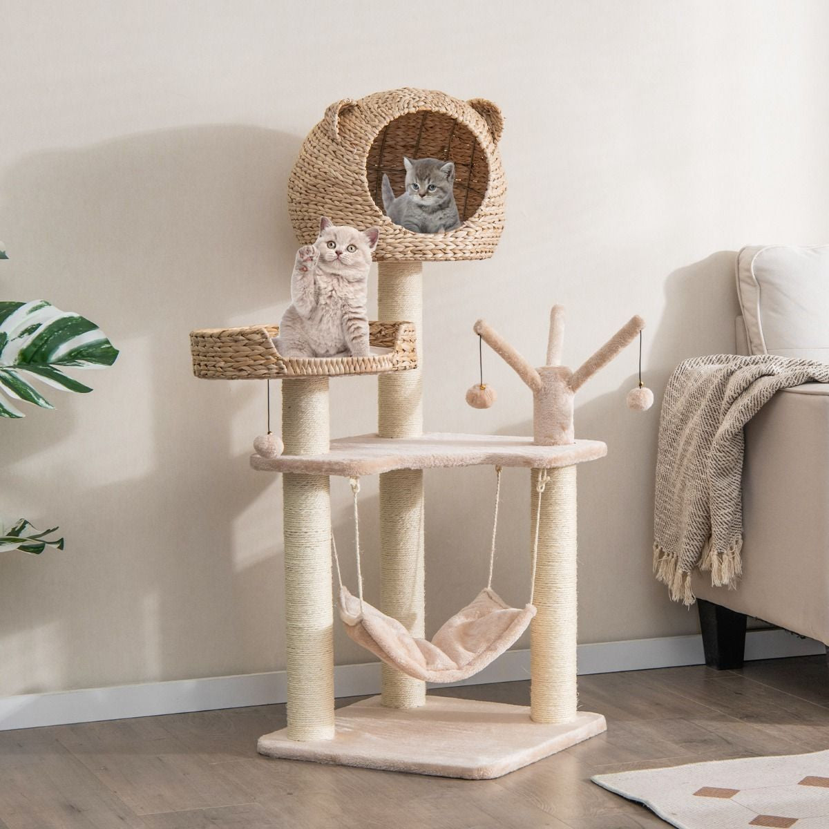 Torre per Gatti Alta 121Cm Con Casetta in Pelo Grande Letto Amaca, Centro Di Attività per Gattini Naturale