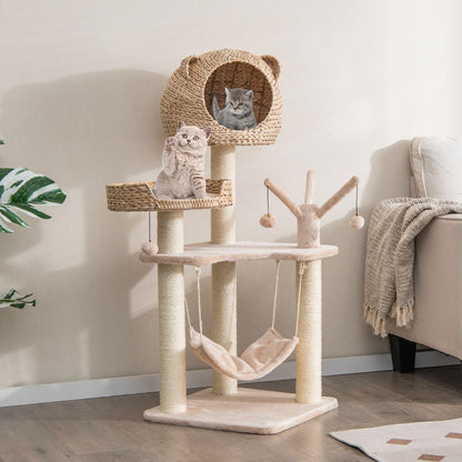 Torre per Gatti Alta 121Cm Con Casetta in Pelo Grande Letto Amaca, Centro Di Attività per Gattini Naturale