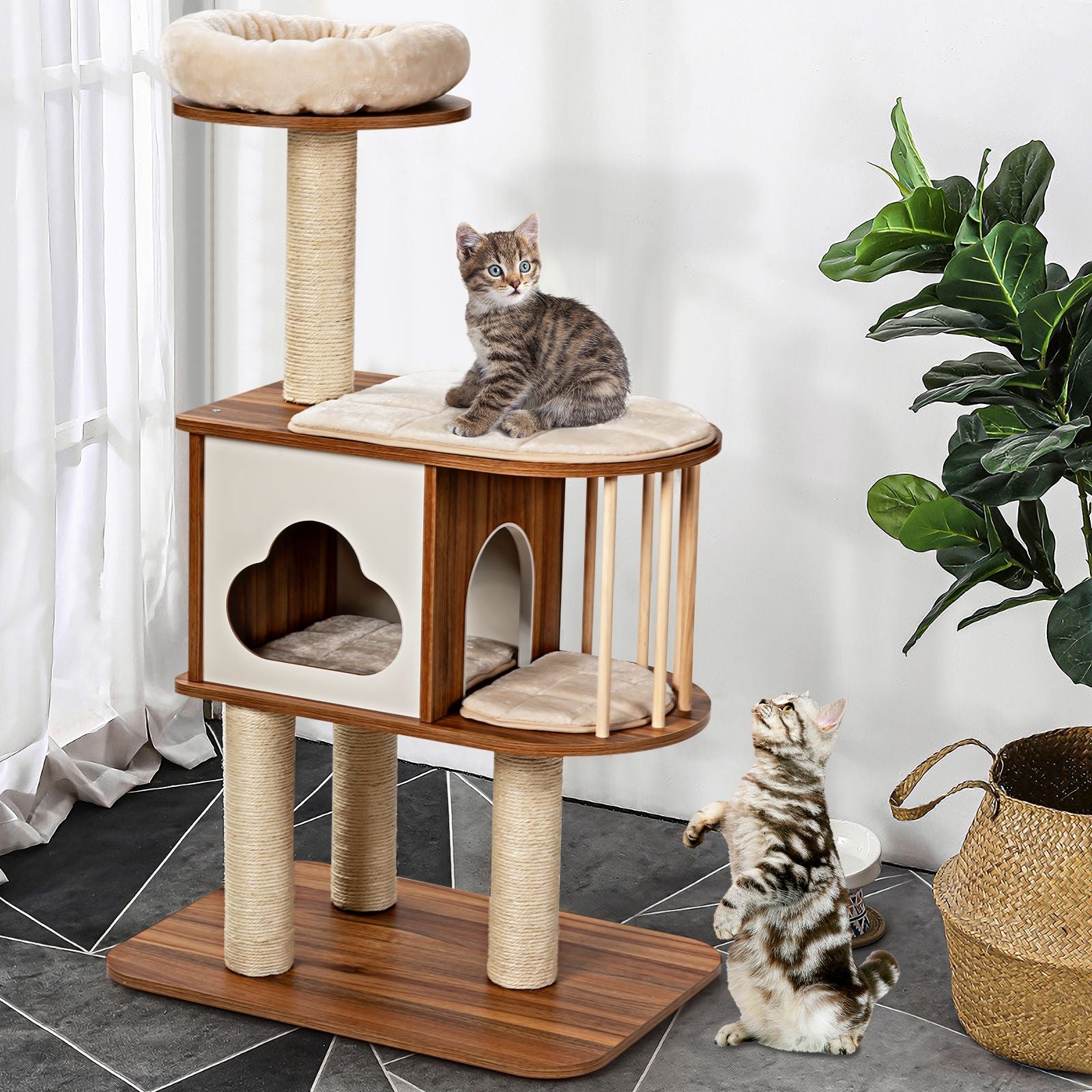 Albero Tiragraffi per Gatti, Torre Di Legno Con Piattaforma Tiragraffi E Cuscini Lavabili