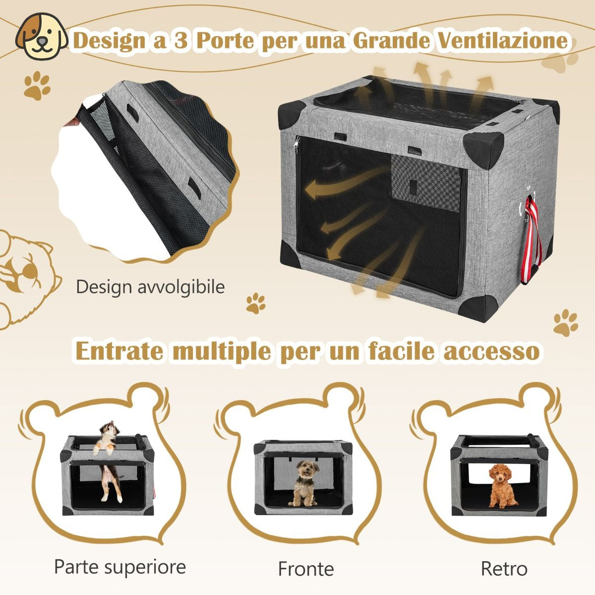 Trasportino per Cani Pieghevole Con 3 Aperture Telaio in Metallo, Kennel Portatile Morbido Da Viaggio 3 Dimensioni