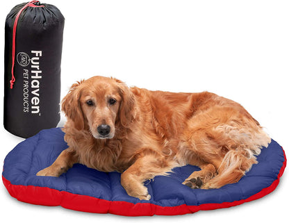 Large Dog Bed Trail Pup Travel Pillow Mat W/Stuff Sack, Washable - Flame Red/True Blue, Large