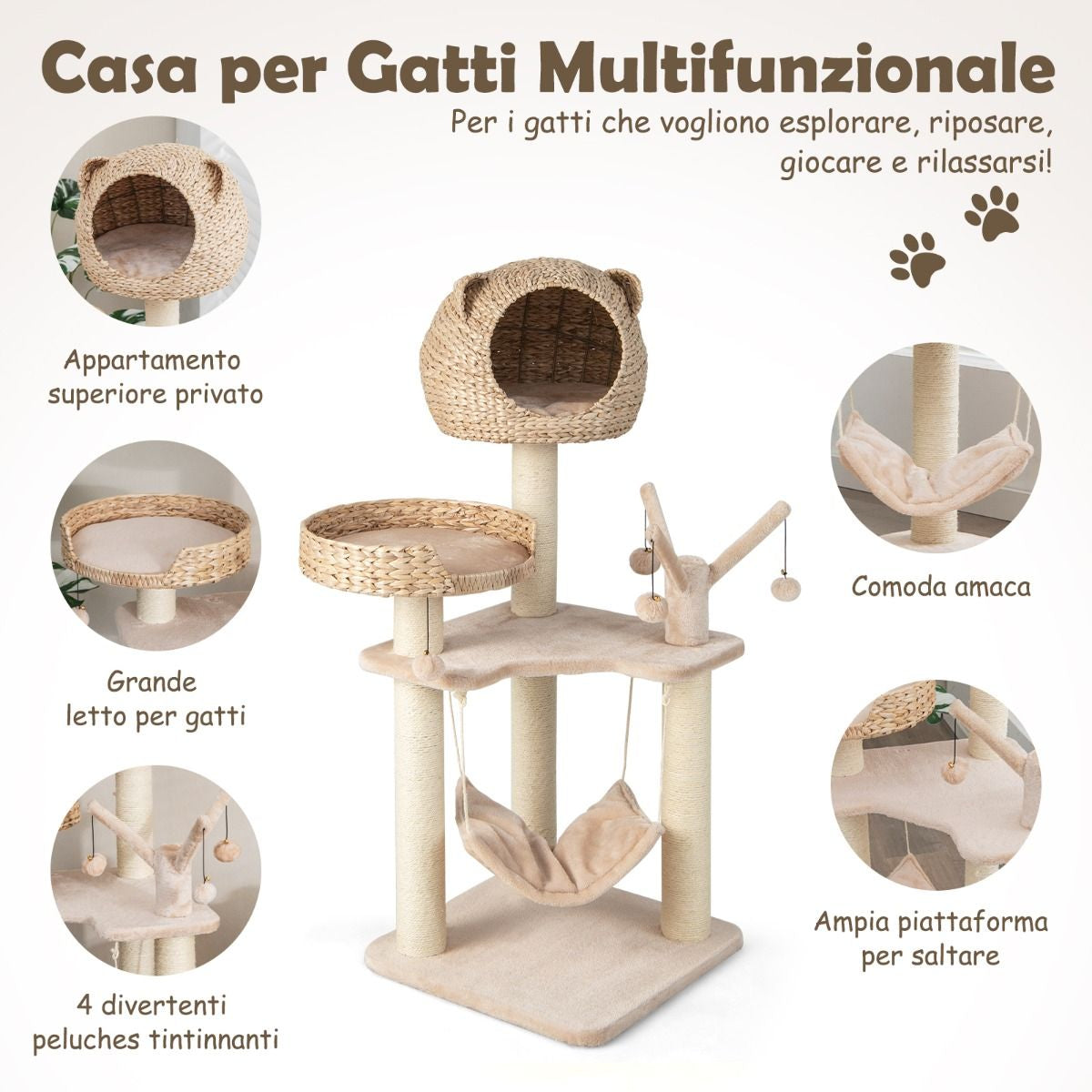 Torre per Gatti Alta 121Cm Con Casetta in Pelo Grande Letto Amaca, Centro Di Attività per Gattini Naturale