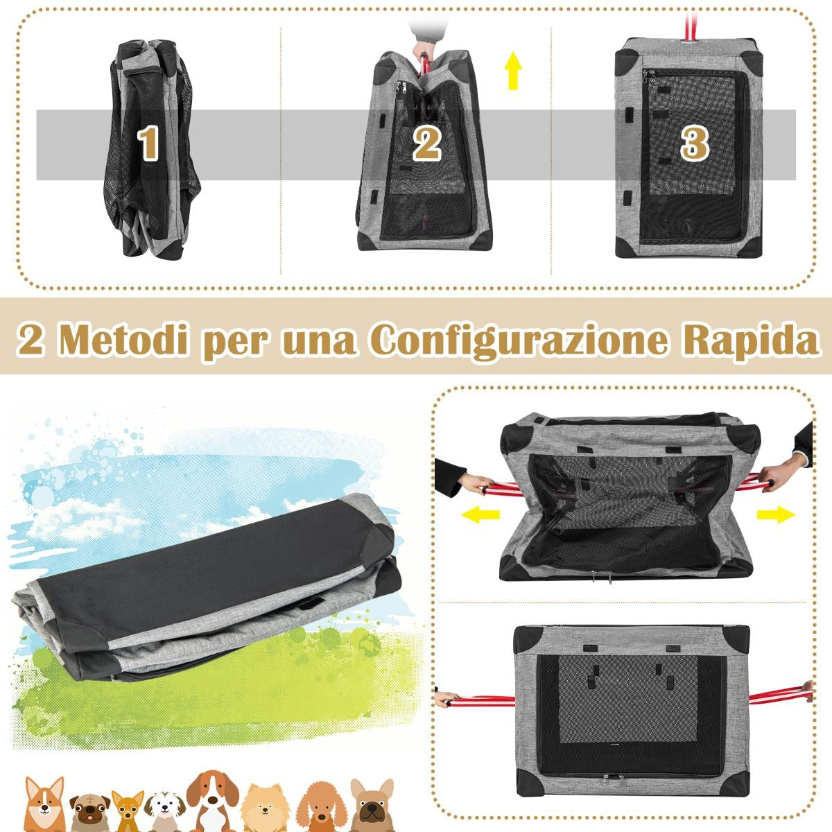 Trasportino per Cani Pieghevole Con 3 Aperture Telaio in Metallo, Kennel Portatile Morbido Da Viaggio 3 Dimensioni