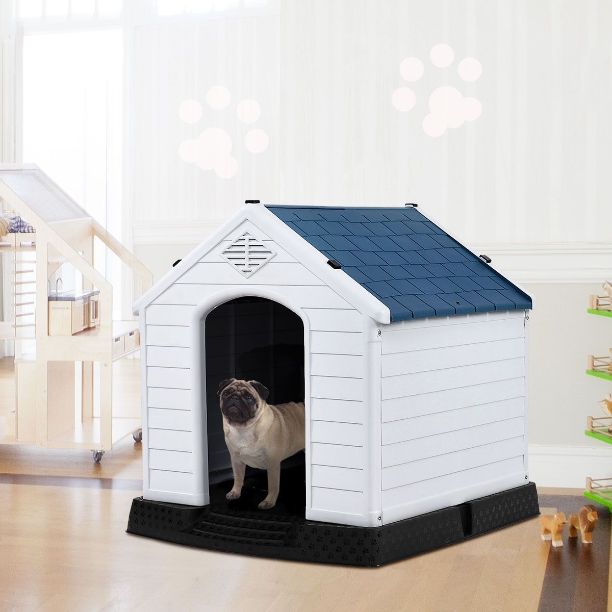 Casetta Impermeabile E Ventilata per Cani, Cuccia Con Valvole D’Aria E Pavimento Rialzato, Blu
