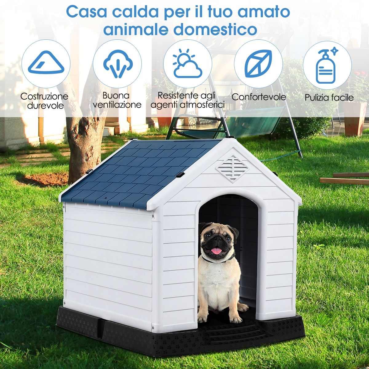 Casetta Impermeabile E Ventilata per Cani, Cuccia Con Valvole D’Aria E Pavimento Rialzato, Blu