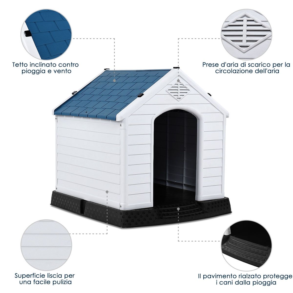 Casetta Impermeabile E Ventilata per Cani, Cuccia Con Valvole D’Aria E Pavimento Rialzato, Blu