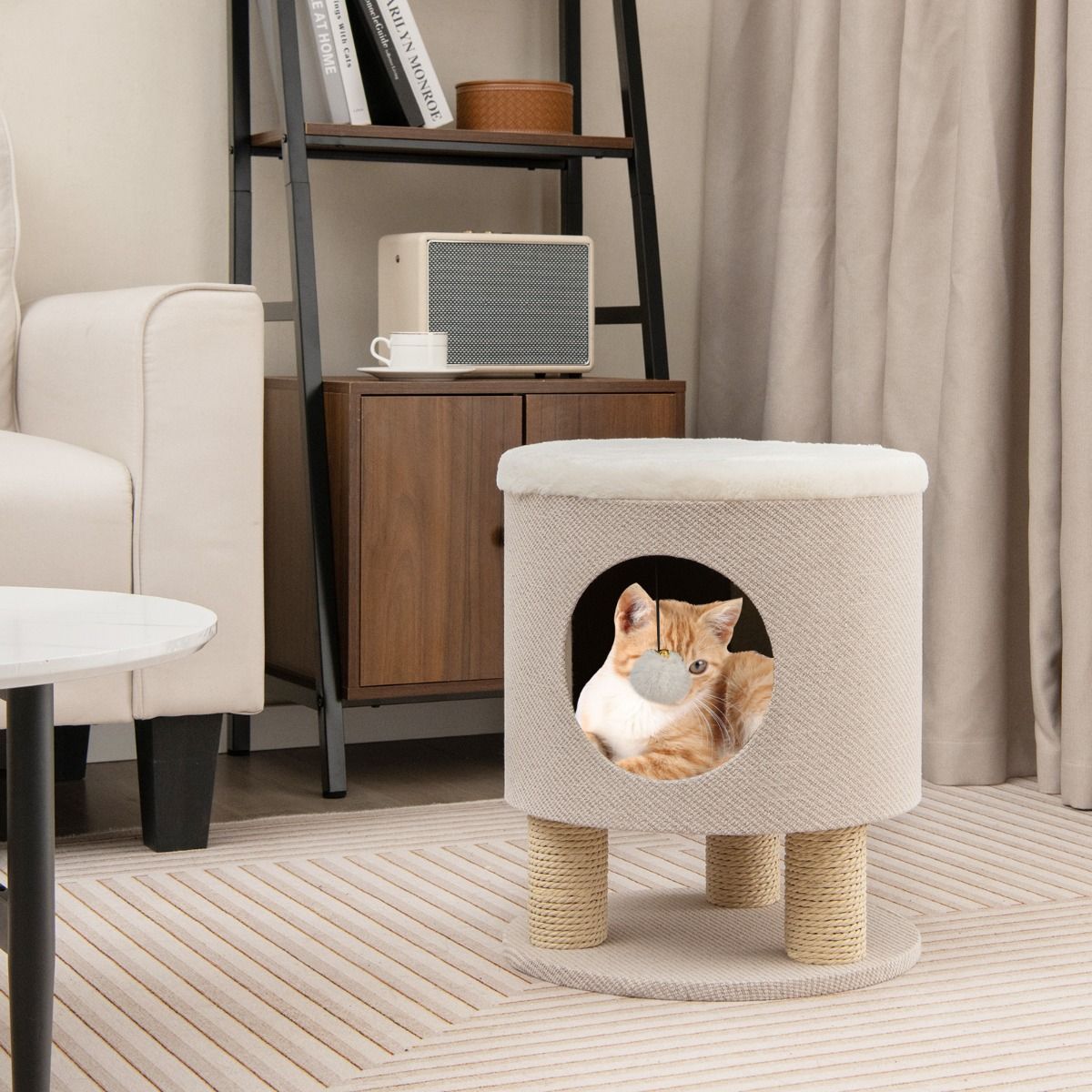 Sgabello Nicchia per Gatti Con Pali Tiragraffi E Pallina Di Peluche, Casetta per Animali Domestici Multiuso 2 Colori