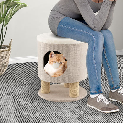 Sgabello Nicchia per Gatti Con Pali Tiragraffi E Pallina Di Peluche, Casetta per Animali Domestici Multiuso 2 Colori