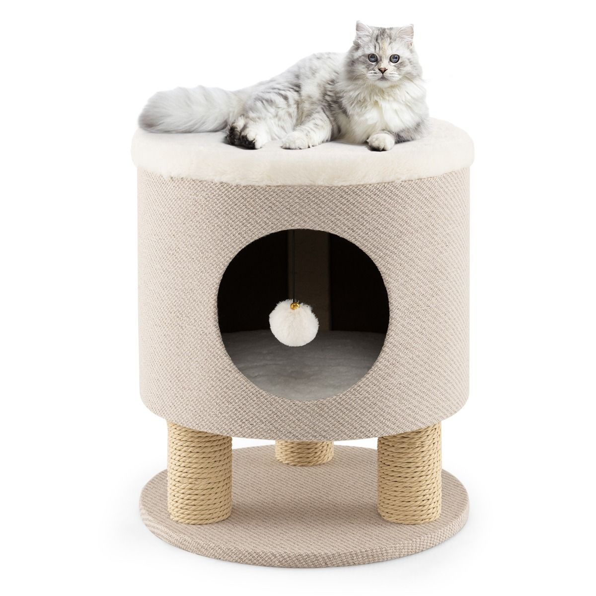 Sgabello Nicchia per Gatti Con Pali Tiragraffi E Pallina Di Peluche, Casetta per Animali Domestici Multiuso 2 Colori