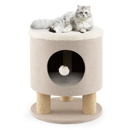 Sgabello Nicchia per Gatti Con Pali Tiragraffi E Pallina Di Peluche, Casetta per Animali Domestici Multiuso 2 Colori