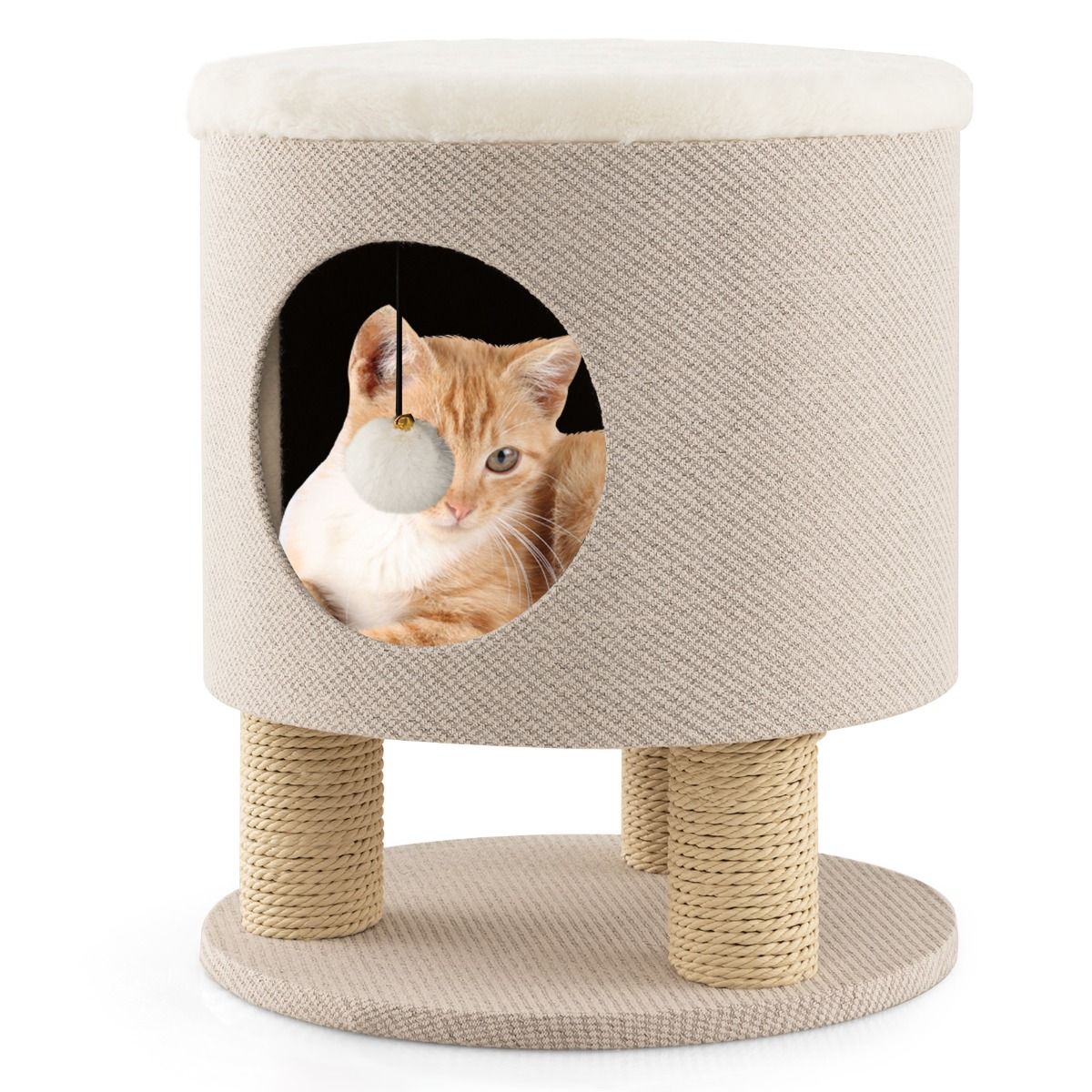 Sgabello Nicchia per Gatti Con Pali Tiragraffi E Pallina Di Peluche, Casetta per Animali Domestici Multiuso 2 Colori